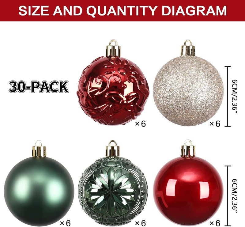 RoseCraft 30PCS Christmas Ball Ornaments, 2.36" Red/Green/Gold Shatterproof Ornament Set for Christmas Tree Hanging Decorations, for Home Holiday Xmas Party Decor. - Image 2